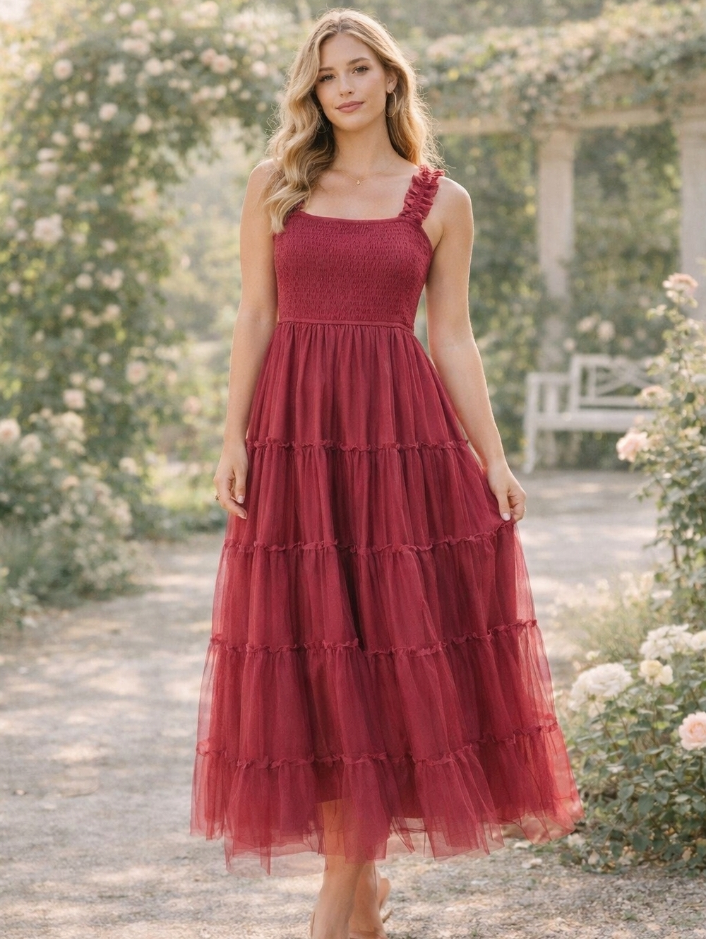 PrettyGarden Scarlet Tulle Midi Dress Medium Layered Mesh Romantic Fit & Flare